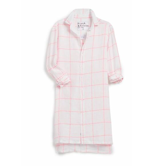 Frank & Eileen Hunter Classic Linen Shirtdress In Neon Pink Windowpane Size XS - Picture 1 of 14